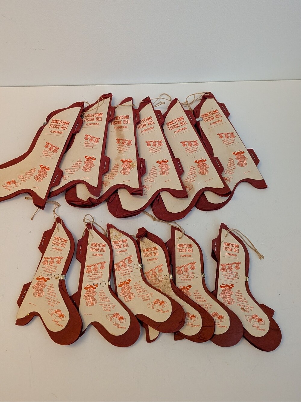 Vtg Red Honeycomb Christmas Bells Paper Tissue Ornaments Flameproof Japan (12)